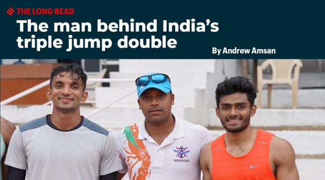 Coach M Harikrishnan with his trainees Eldhose Paul (right) and Abdulla Aboobacker.