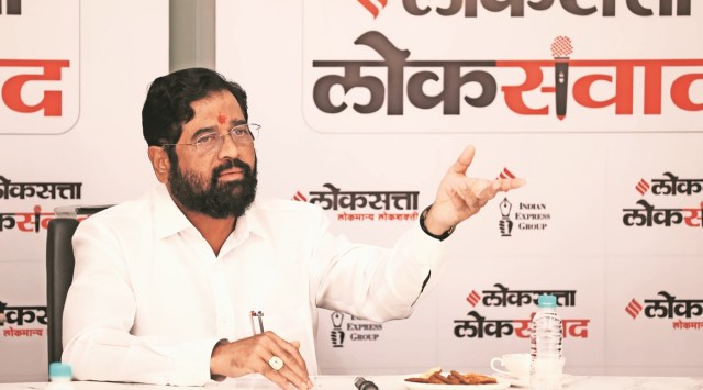 Maharashtra Chief Minister Eknath Shinde at the Loksatta Loksamvad event in Mumbai on Sunday. (Express Photo by Amit Chakravarty)