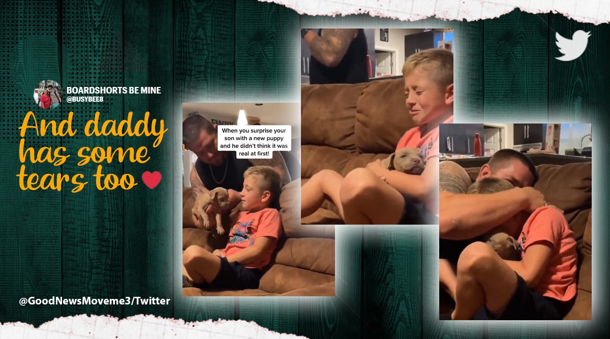 Man surprises son, dog, pets, adorable, puppy, viral, trending