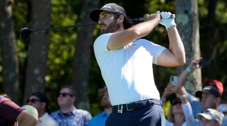 Matthew Wolff tees off on the 18th hole during the first round of the LIV Golf tournament. (AP)