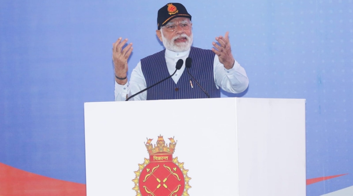 PM Modi, the chief guest at the event, said INS Vikrant was not just a warship, but evidence of the hard work, talent, impact and commitment of India in the 21st century (Express/Nitin RK)