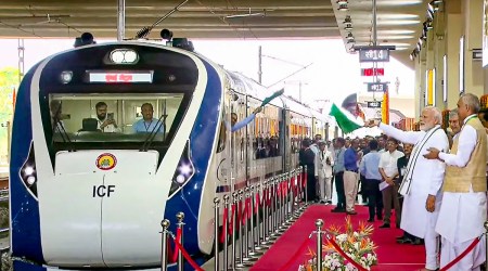 PM Narendra Modi flags off Vande Bharat Express at Gandhinagar Capital station, Gujarat on Friday. (PTI)