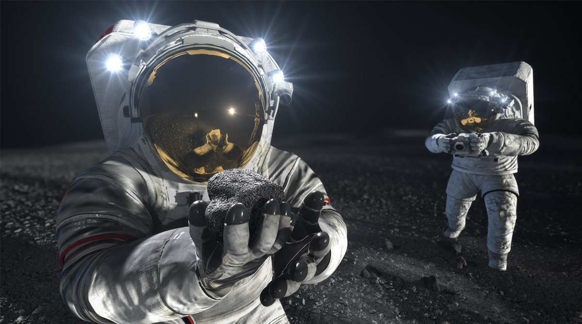 Artist illustration of two astronauts wearing spacesuits on the moon.
