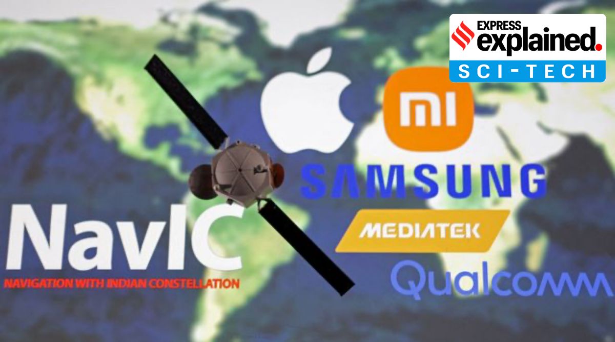 This illustration shows Apple, Xiaomi, Samsung, Mediatek and Qualcomm logos near a satellite model placed on a map. (Reuters: Dado Ruvic)