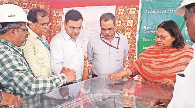 NHAI chairperson Alka Upadhyay with her team members in Bharuch. (Express Photo)