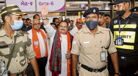 BJP national president JP Nadda being welcomed on his arrival in Ahmedabad, on Tuesday, Sept. 20. (PTI)