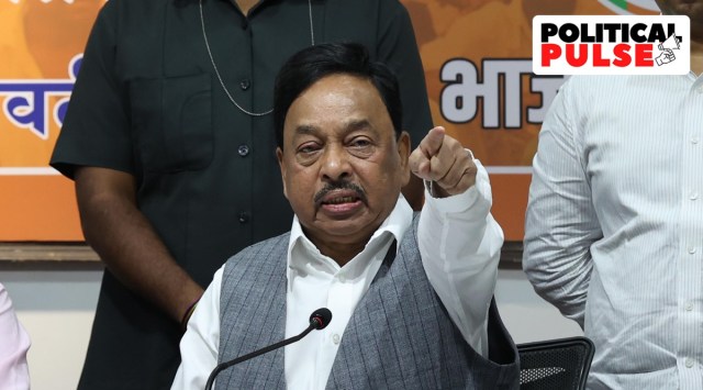 Narayan Rane addressing a press meet at the BJP office in Nariman Point. (Express Photo Amit Chakravarty)
