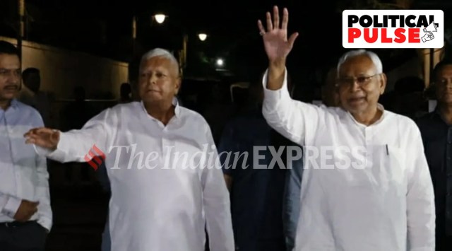 Bihar Chief Minister Nitish Kumar with RJD chief Lalu Prasad Yadav after meeting with Sonia Gandhi in Delhi on Sunday. (Express Photo by Prem Nath Pandey)