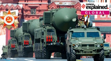Russian RS-24 Yars ballistic missiles roll in Red Square during the Victory Day military parade in Moscow, Russia in 2020.