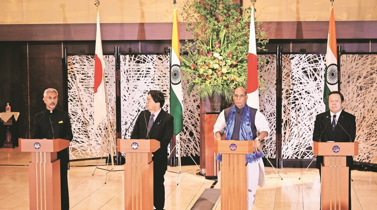 External Affairs Minister S Jaishankar and Defence Minister Rajnath Singh with their Japanese counterparts Yoshimasa Hayashi and Yasukazu Hamada in Tokyo on Thursday. (Reuters Photo)