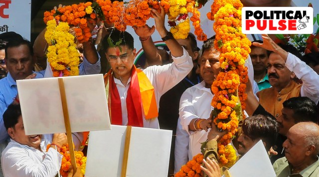 Senior Congress leader and former Rajasthan deputy chief minister Sachin Pilot being garlanded by supporters during his 45th birthday celebrations, outside his residence in Jaipur. (PTI)