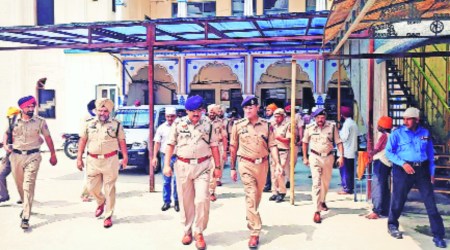 ADGP (law and order) Arpit Shukla along with Mohali SSP Viveksheel Soni during a visit to a religious place in Mohali on Friday. (Express)
