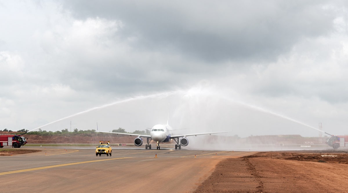 An Airbus A-320 aircraft from Indigo airlines tests the equipment at the upcoming airport in North Goa. (Photo courtesy: GMR)