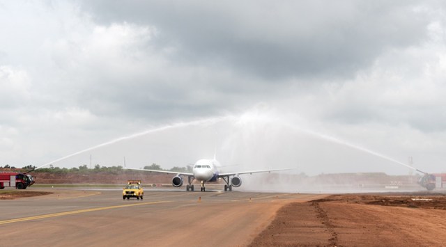 An Airbus A-320 aircraft from Indigo airlines tests the equipment at the upcoming airport in North Goa. (Photo courtesy: GMR)