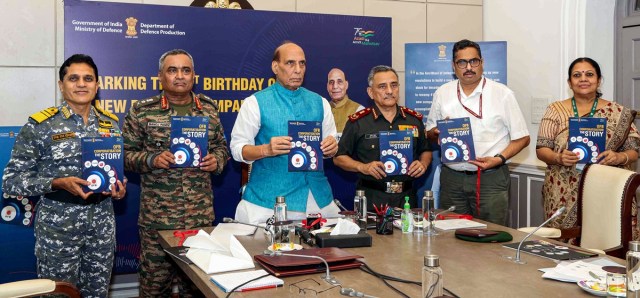 Defence Minister Rajnath Singh with Chief of Defence Staff General Anil Chauhan, Chief of Army Staff General Manoj Pande and others during a meeting to review working of the seven defence companies, carved out of Ordnance Factory Board, in New Delhi. (PTI Photo)
