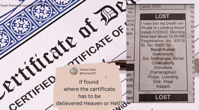 lost death certificate, newspaper ad for lost death certificate, death certificate, newspaper ad, indian express