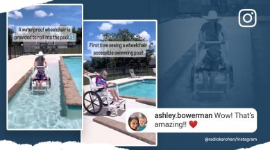 specially abled girl rolls into swimming pool, specially abled accessible swimming pool, specially abled, swimming pool, indian express