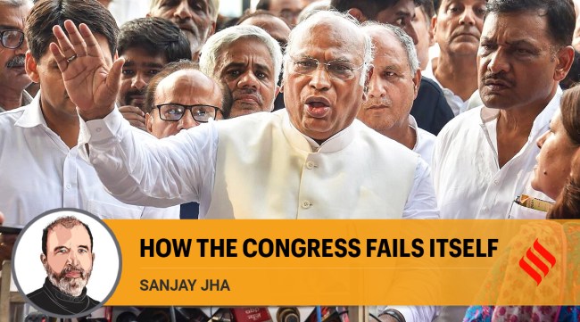 Senior Congress leader Mallikarjun Kharge speaks to the media after filing his nomination papers for the post of party President, at AICC headquarters in New Delhi. (PTI)