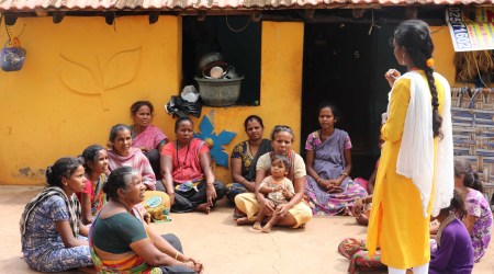 Gypsy families in Sankarapuram being briefed about the vaccine. (Express photo: Gokul Subramaniam)