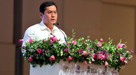 Union minister for ports and shipping Sarbananda Sonowal speaks during a conference on “Green Ship Recycling and Vehicle Scrapping” in Gandhinagar on Monday. (Twitter @sarbanandsonwal)