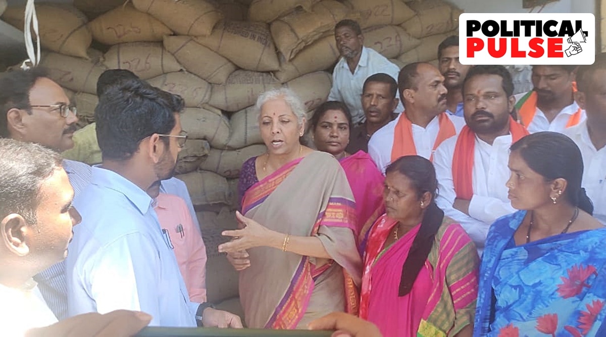 On Friday, while inspecting ration shops at Birkur village, Union Finance Minister Nirmala Sitharaman pulled up the Kamareddy District Collector over photographs of Prime Minister Narendra Modi not being displayed at PDS shops. (Photo: Twitter/@KonathamDileep)