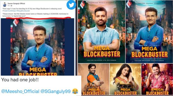 Sourav Ganguly, trolled, copy-paste, Meesho, brand promotion, Mega Blockbuster, Twitter, faux pas, Rohit Sharma, Deepika Padukone, Rashmika Mandanna, viral, trending, Indian Express