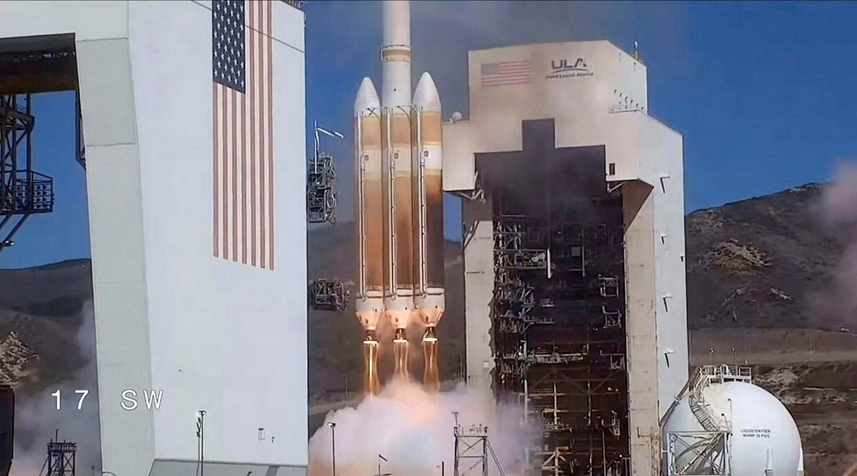 a classified satellite for the U.S. National Reconnaissance Office is launched into orbit aboard a United Launch Alliance Delta 4 Heavy rocket