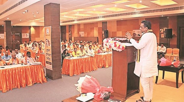 BJP  co-observer for  Bengal Sunil Bansal at the camp. (Express Photo)