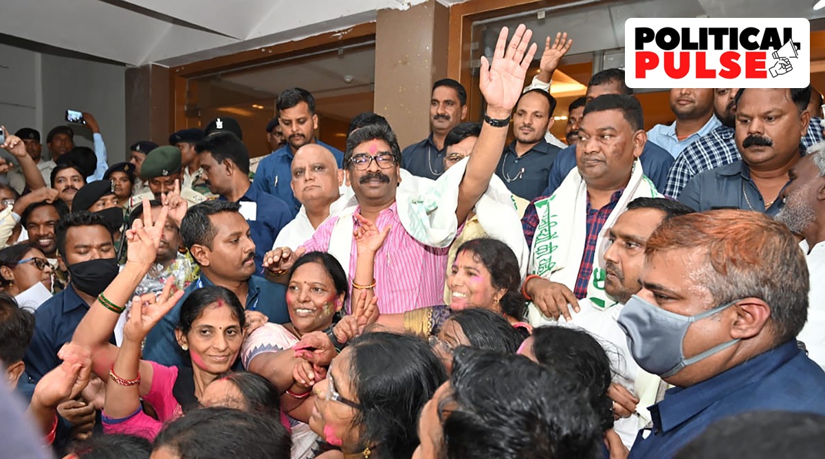 Supporters greet CM Hemant Soren after the decision to implement 1932 Domicile Policy, in Ranchi, Wednesday. (PTI)