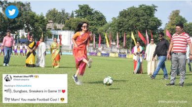 TMC, Mahua Moitra, football in saree, Trinamool Congress, West Bengal, politics, viral, trending