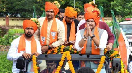 BJP MP and Bharatiya Janata Yuva Morcha (BJYM) national president Tejasvi Surya during a roadshow, in Rajkot, September 3, 2022. (PTI)