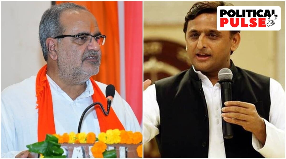 BJP UP president Bhupendra Singh Chaudhary and Samajwadi Party chief Akhilesh Yadav. (Twitter/Express)