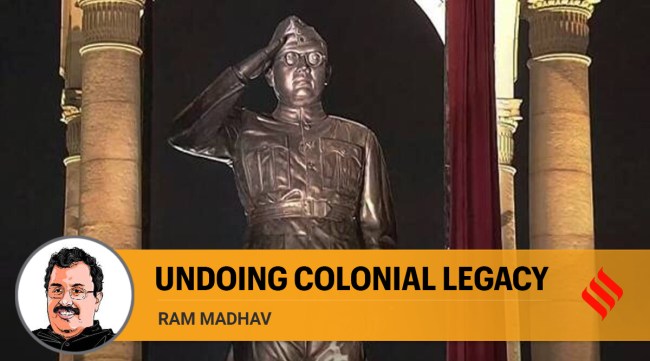28-ft statue of Netaji Subhash Chandra Bose after its inauguration as part of the revamped Central Vista, in New Delhi, Thursday, Sept. 8, 2022. (PTI Photo)