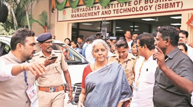 Union Finance Minister Niramala Sitharaman at a college in Pune on Thursday. (Express photo by Oshwin Kadhao)