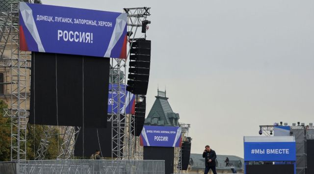 A view shows banners and constructions erected ahead of an expected event, dedicated to the results of referendums on the joining of four Ukrainian self-proclaimed regions to Russia, in Red Square in central Moscow. Banners read: "Donetsk, Luhansk, Zaporizhzhia, Kherson - Russia!" and "We are together". (Reuters)