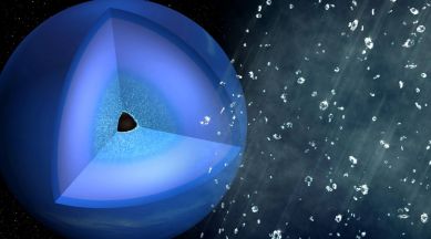 A cutaway that depicts the interior of Neptune with a layer of diamonds surrounding the solid planetary core