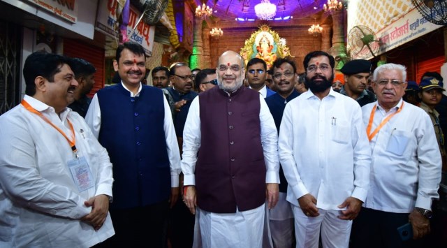 Union Home Minister Amit Shah with Maharashtra Chief Minister Eknath Shinde, Deputy CM Devendra Fadnavis and others, in Mumbai on Monday.