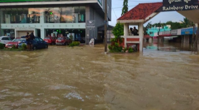 Rainbow Drive Layout in Sarjapur, Outer Ring Road, Varthur, and K R Puram were again left inundated. (Express photo)