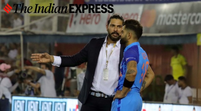 Yuvraj Singh with Virat Kohli before the first T20 match against Australia at PCA stadium in Mohali. (Express Photo by Kamleshwar Singh)