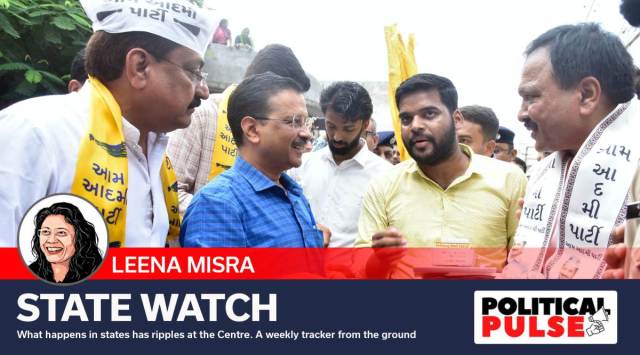 Arvind Kejriwal during his door-to-door campaign to distribute AAP's guarantee card in Sarvodaya Society of New Thorala area, in Rajkot, earlier this month. (Express photo)