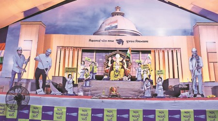 The Aam Aadmi Party’s Ganesh puja pandal in Surat. (Express Photo)