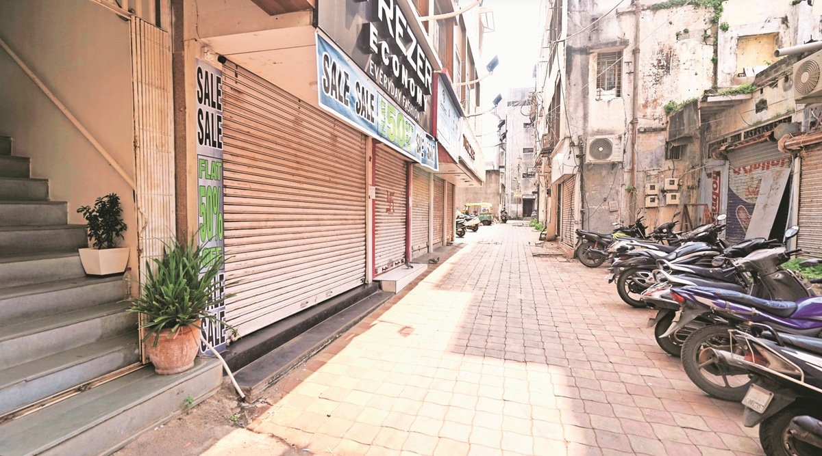 Shops closed in Vadodara’s Raopura during Congress’s symbolic bandh on Saturday. (Express Photo by Bhupendra Rana)