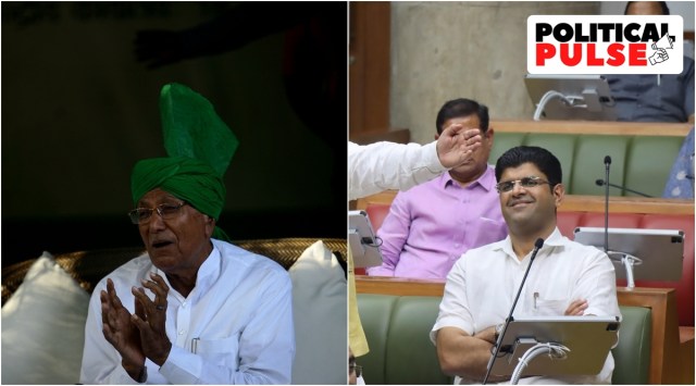 INLD's Om Prakash Chautala (left) and JJP's Dushyant Chautala (Express File Photo)