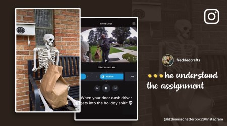 Door dash delivery agent funny, Food delivery agent places package on skeleton’s lap, hilarious food delivery Halloween, food delivery agent joins Halloween spirit, funny Halloween viral videos,