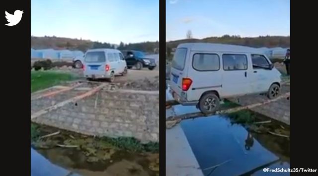 Van driver crosses canal by driving van over wooden logs, viral video drivers runs car over wooden logs, Van driver drives vehicle over wood sticks, man drives van on narrow sticks, intense car van driving video, Indian express
