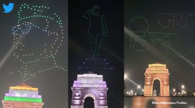 Drone show Netaji Subhas Chandra Bose, Kartavya Path, Central Vista Avenue Netaji Drone show, Drone show India Gate, Netaji Subhas Chandra Bose drone show India Gate, Indian express