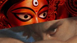 The eyes of Maa Durga, contrasted with the tearful eyes of Lucifer in Cabanel's 'Fallen Angel' painting
