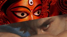 dussehra durga puja culture gk quiz The eyes of Maa Durga, contrasted with the tearful eyes of Lucifer in Cabanel's 'Fallen Angel' painting. Dussehra Quiz representation.