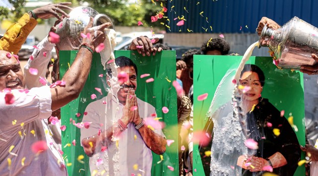 Supporters of AIADMK leader Edappadi K. Palaniswami celebrate after a court delivered its verdict in favour of the former chief minister on the conduct of July 11 General Council (GC) meeting of AIADMK, in Chennai, Friday (PTI Photo)