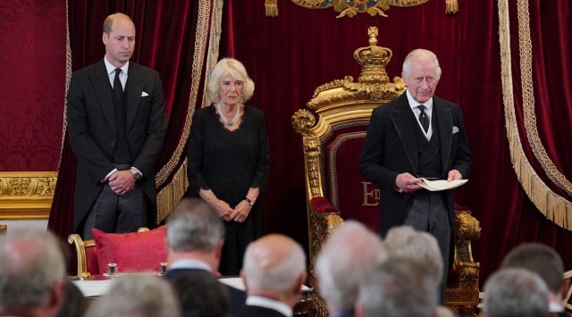 From left, Britain's Prince William, Camilla the Queen Consort, and King Charles III during the Accession Council at St James's Palace, London, Saturday, Sept. 10, 2022, where King Charles III is formally proclaimed monarch. (AP)